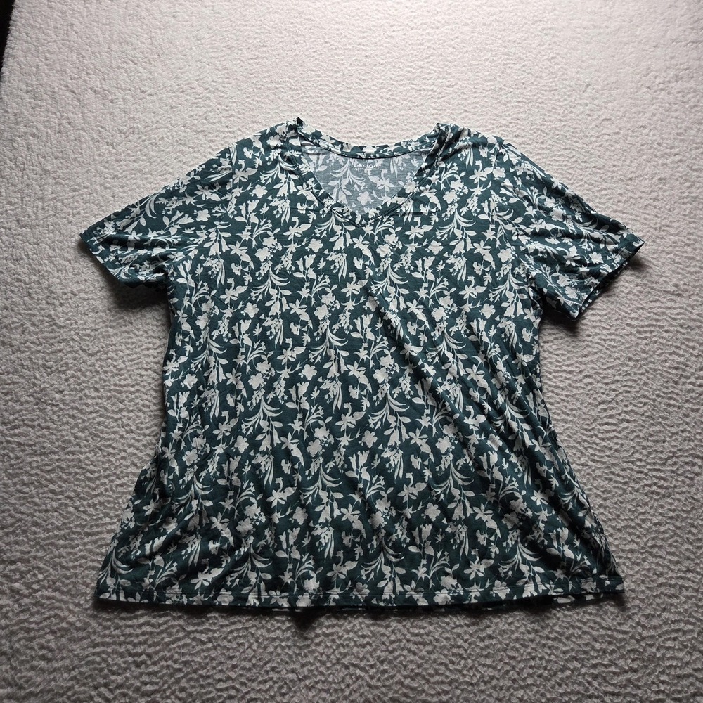 Lane Bryant Shirt Womens Plus 18W Green V Neck Short Sleeve Floral Jersey Top